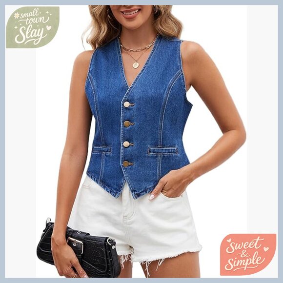 Denim Vest Top V-Neck Sleeveless Button Down Slim Fit Classic